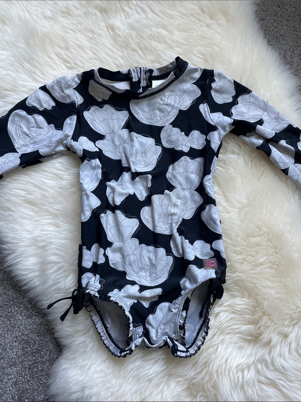 Ruffle Butts Black & White Floral Long Sleeve One-Piece
